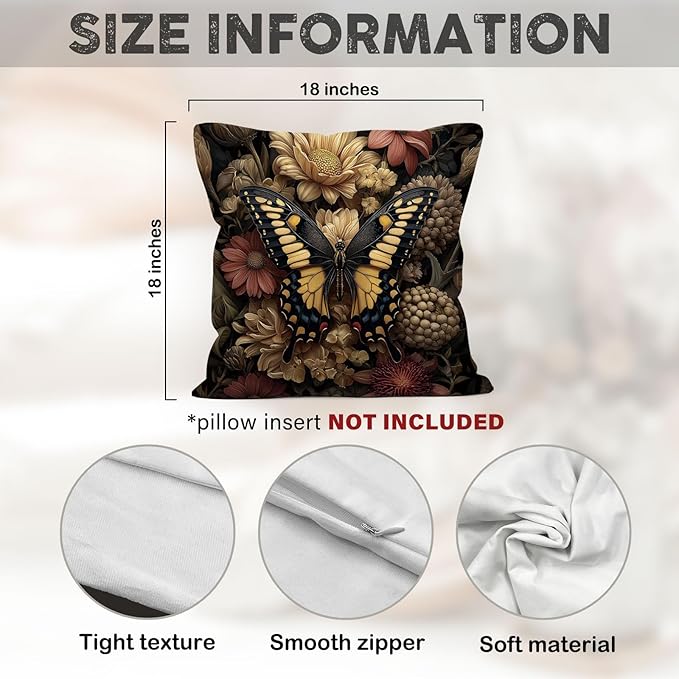 Moody Butterfly Floral Throw Pillow Cover Gifts 18x18, Vintage Dark Cottagecore Academia Decor Pillow Cases for Bedroom Living Room, Cottage Core Decorative Pillowcases for Couch Bed Sofa