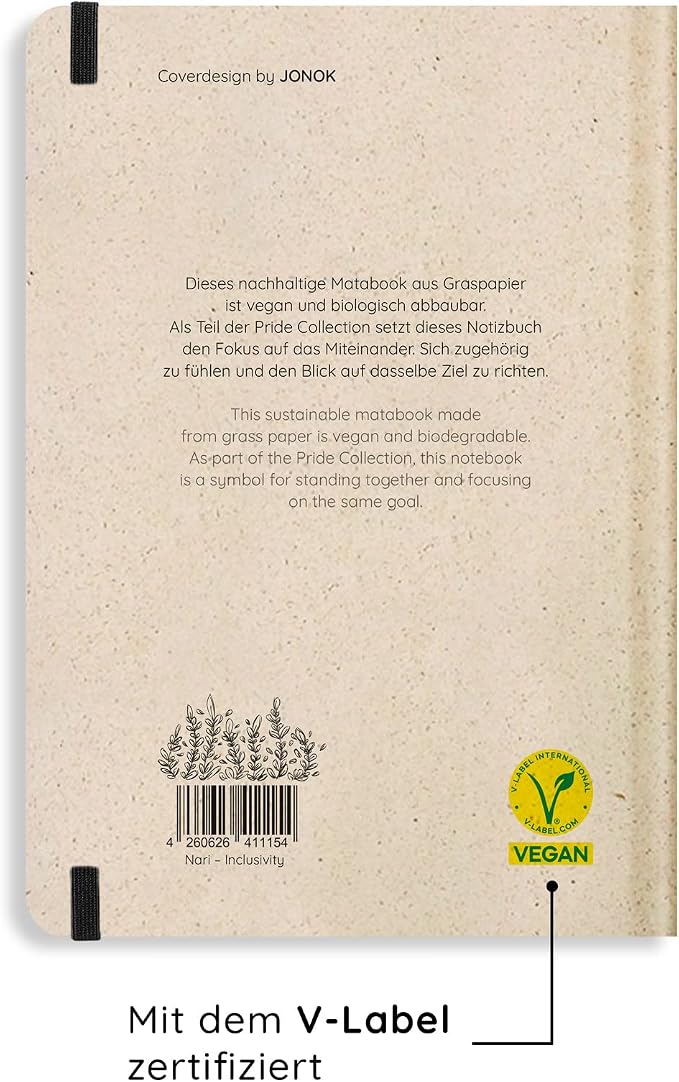 Sustainable and Vegan Notebooks A5 Made of Sweetgrass Paper, Nari Pride Collection, 138 Pages, Natural, Handmade, Made in Germany (Inclusivity)