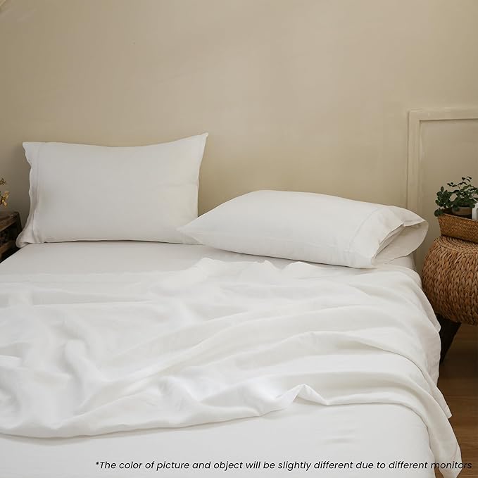 100% French Linen Pillowcases with Embroidery - Pack of 2 - Washed Solid Color Natural Flax Soft Breathable - White, 20'' x 30''