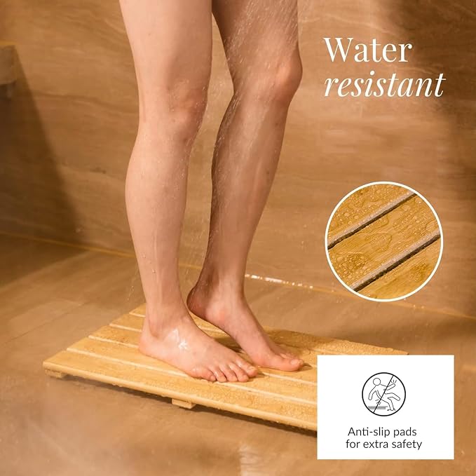 Waterproof Solid Wooden Shower Mat,Bathroom Bamboo Bath Mat,Natural Wooden Bath Mats,Duck Board,with Non Slip Feet, for Kitchen Bedroom Bathtub Doormat Pet Mats(W75xL80cm)