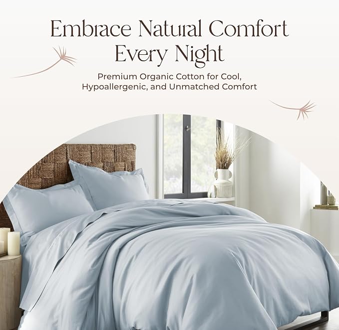 100% Organic Cotton Duvet Cover Twin Size - Naturally Soft Lightweight & Cooling Duvet Cover Set with Decorative Shams - Premium GOTS Certified 300 Thread Count Sateen Weave (Powder, Twin)