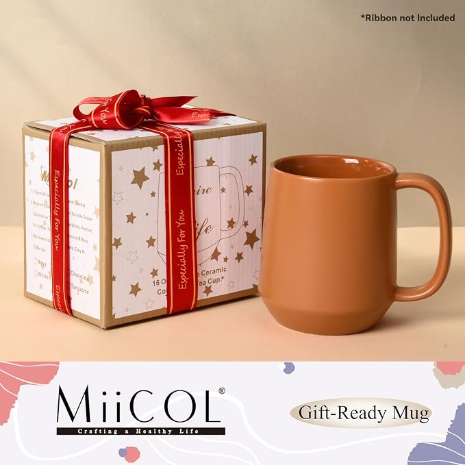 Miicol Ceramic Coffee Mug, 16 oz Large Coffee Cup, Tea Mug with Handle, Flat Bottom Mug for Men, Women, Office, Microwave and Dishwasher Safe, Multi-Color, Burnt Orange