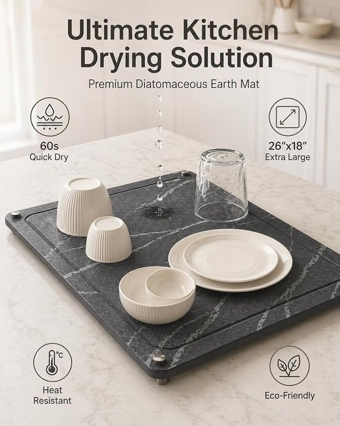 Large Stone Drying Mat for Kitchen Counter - 24”*16” Marble Veining Quick Drying Fast Absorbent Drying Mat, Natural Diatomaceous Earth Dish Drying Mat