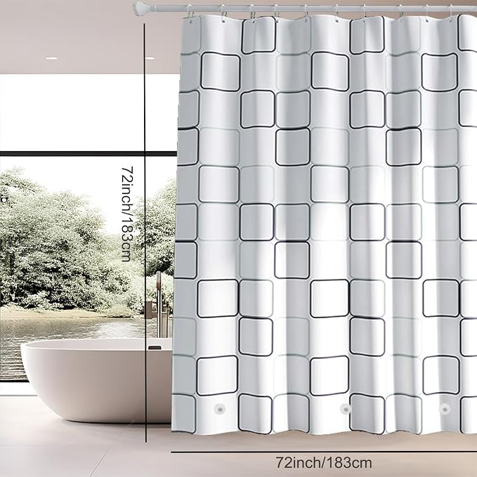 TIKABC Shower Curtain Liner, 4G PEVA Shower Liner, Plastic Waterproof Shower Curtains, with Grommet Holes and 3 Magnetic Weights(Black White Big Square)