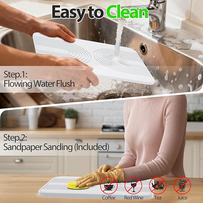 2 PCS Stone Dish Drying Mat & Silicone Mat for Kitchen Counter – Diatomaceous Earth Bath Mat for Bathroom, 16.14"L×12.4"W×2 Quick Dry Mats for Dishes ,Bottles, Cups, Match Any Countertop(White)