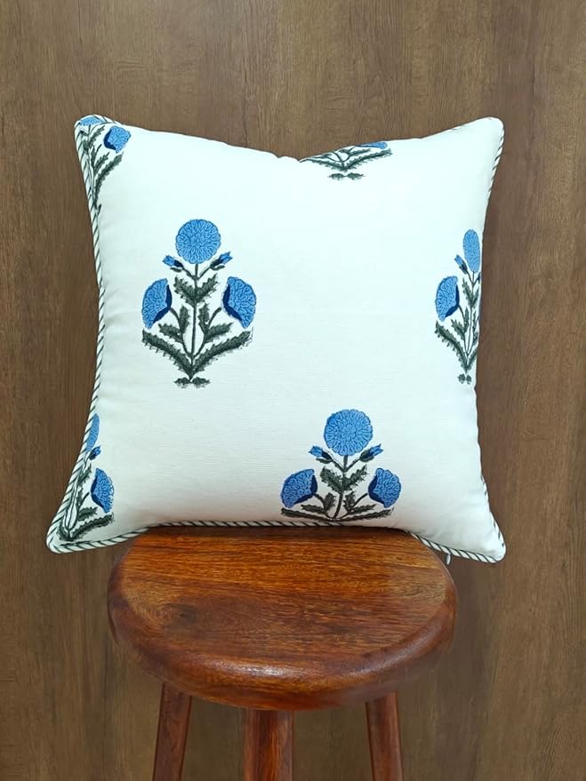 ATOSII Block Print Boho Throw Pillow Covers, 18 X 18, Set of 2, Decorative Couch Pillows for Living Room, 100% Cotton Canvas Acccent Pillows, Christmas Thanksgiving Fall Preppy Throws - Poppy Blue