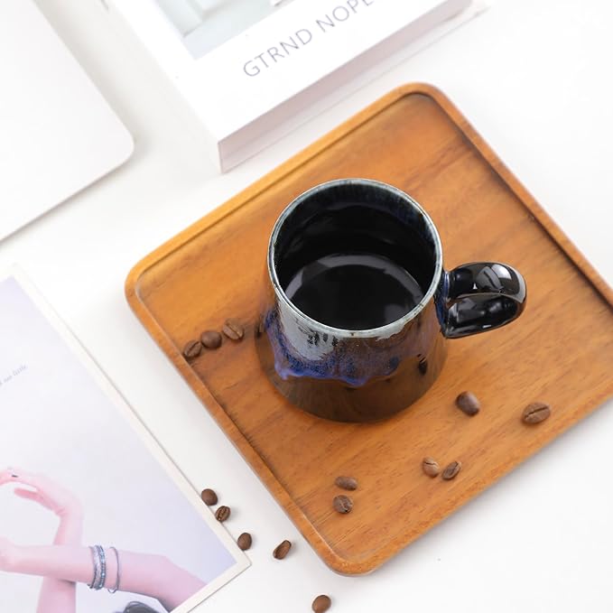 15oz Japanese style Handmade Ceramic Coffee Mug - Unique Pottery tea cup, Lead-free Artisanal stoneware ceramic tea mug, Dishwasher & Microwave Safe Coffee cup for office and home, Blue and Black