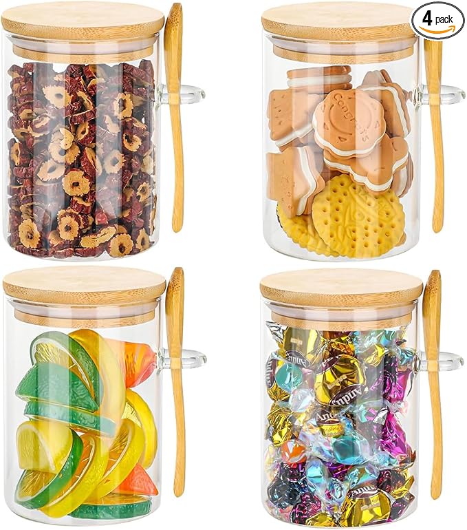 Glass Containers with Airtight Bamboo Lids Set of 4 Food Storage Containers 18.2Oz with Scoop for Sugar Cereal Nuts Spice Jars