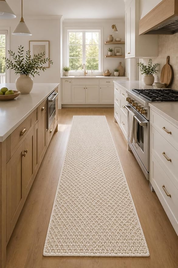 Wool Runner Rug - Handmade Natural Wool Carpet Rug, Textured Design, Handwoven Ivory Rug - Suitable for Hallway, Entryway, Bedroom, Dining Room (Ivory- 2.5'x8')