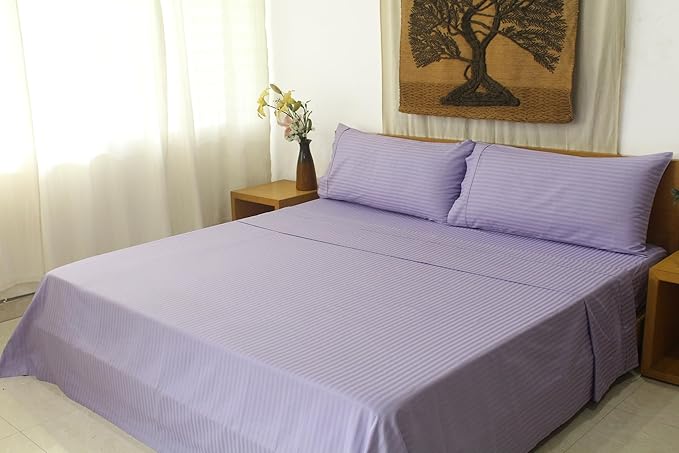 Organic Cotton Soft Sateen Stripe Bed Sheet Set - Luxury Hotel Quality - GOTS Certified - Deep Pocket - Easy Care - King (Lavander)