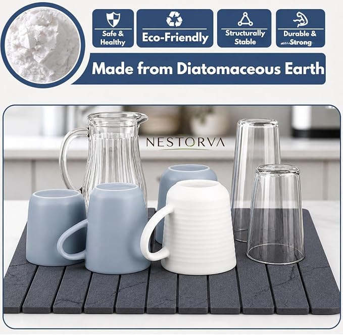 Stone Drying Mat for Kitchen Counter, 24"(L)×16"(W), Diatomaceous Earth Dish Drying Mat for Kitchen Counter, Quick Dry Stone Dishes Mats, Foldable Quick Dry Mats for kitchen, Bathroom, Dark Gray