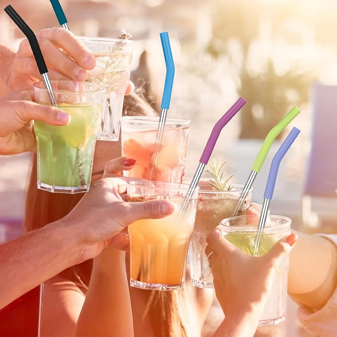 Zenbo Set of 6 Stainless Steel Reusable Metal Straws with Silicone Flex Tip Elbow,6 Steel Straws,6 Silicone Tips,1 Straw Cleaning Brush,for 30 oz and 20 oz Cups, Dishwasher Safe