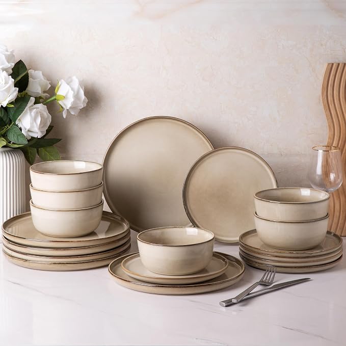 AmorArc Stoneware Dinnerware Sets & Pasta Bowls & Coffe Mugs,Service for 4 (22pc)