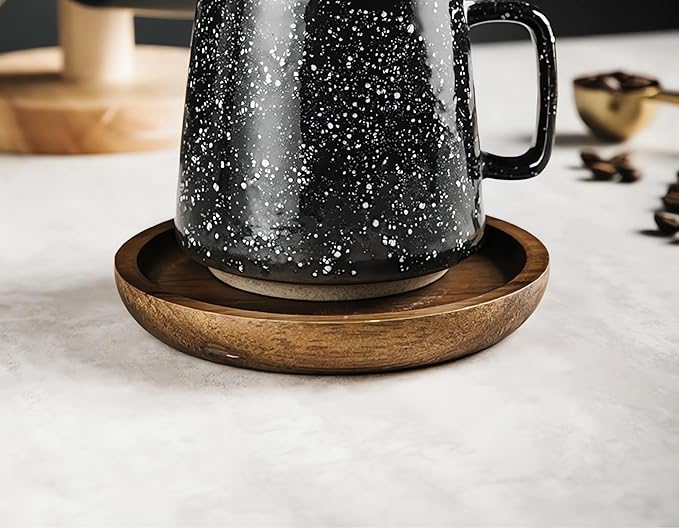 Ceramic Coffee and Tea Cup with Natural Acacia Wood Saucer (8 Oz), Best for Latte, Cappuccino, Tea or Espresso. Unglazed Porcelain Arty Mug (Black and white dot)