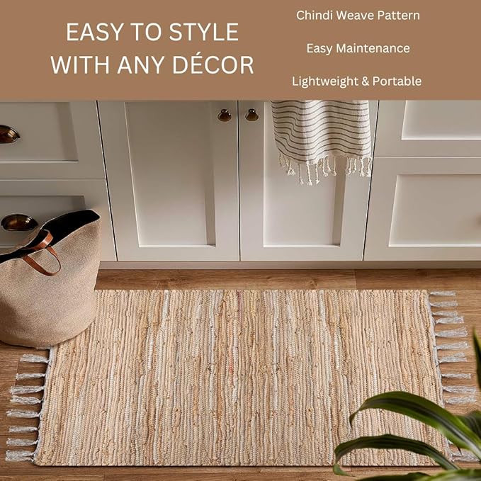 Cotton Chindi Rug - Boho Rustic Area Accent Throw Rug - Area Floor Carpet for Bedroom Living Room Kitchen Dorm Entryway Hallway - 20x32 inch Hand Woven Reversible Area Rug Beige Multi