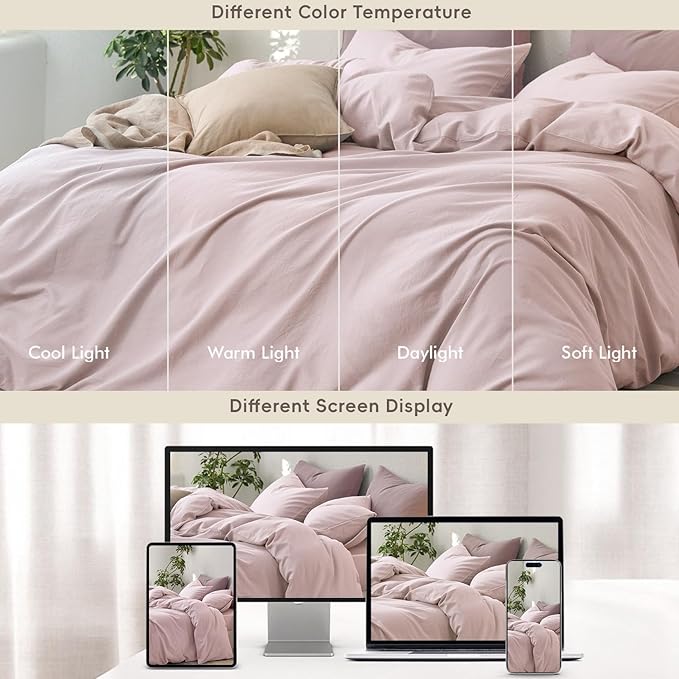 MooMee Queen Duvet Cover Set, 100% Washed Cotton Linen Like Twill Thick Sturdy Material Super Soft Breathable Durable Bedding for All Season, 3 Pieces (Greyish Pink, Queen 90"x90")