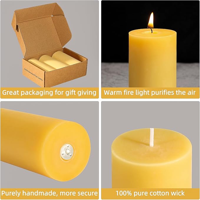 3 Pack Beeswax Pillar Candles, Pure Beeswax Candles with 35 Hours Burn Time, Smokeless & Dripless Bees Wax Candles for Home Decor, Prayer, Christmas Party(2x4 inch)