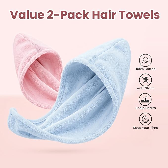 Mandydov 100% Cotton Hair Towel Wrap for Women, 2 Pack Thickened & Super Absorbent Turbans, Anti Frizz Quick Dry Hair Towels (Blue, Light Pink)