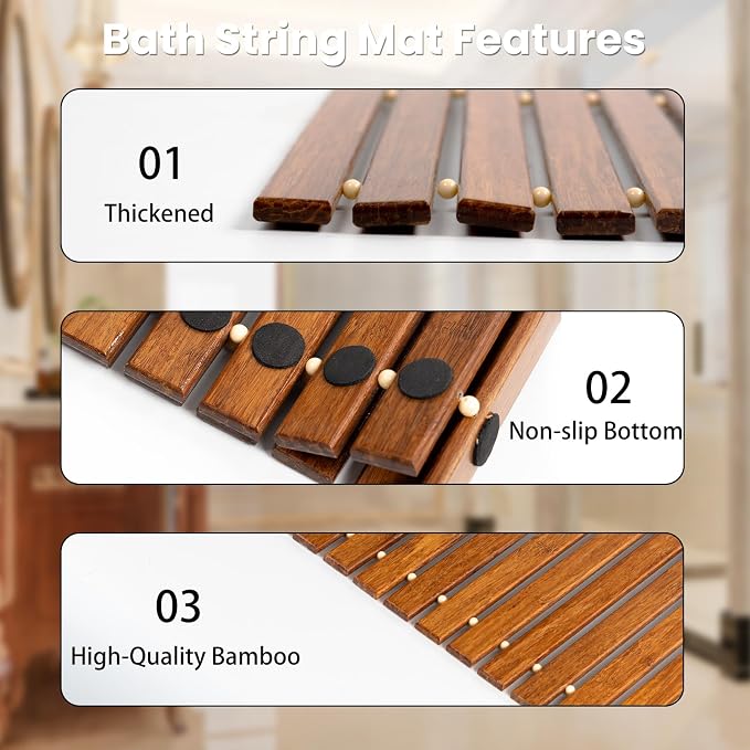 Strand Woven Bamboo Bath Mat Bathroom Rugs Floor Wood Shower Bathtub Waterproof Non Slip Accessories 16x24 Inch Easy to Clean, Suitable for Outdoor, Light Brown Color, 1 pc