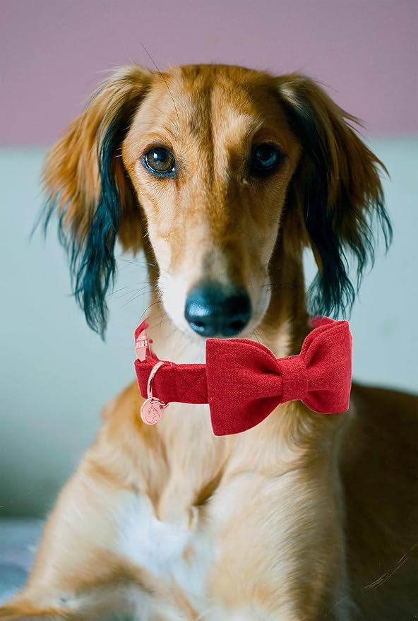 DOGWONG Hemp Cotton Dog Collar with Bow, Christmas Red Pet Collar Durable Adjustable Puppy Collar for Small Medium Large Dogs