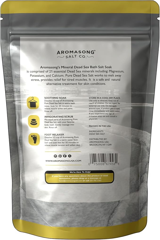 Aromasong Dead Sea Bath Salt - 100% Pure & Natural Dead Sea Salts for Soaking Fine Grain 5 LB - Bulk Resealable Pack - Used for Body wash Scrub - Soak for Women & Men.
