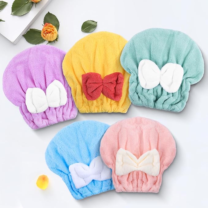Microfiber Hair Drying Caps, 5-Pack Extra Soft and Ultra Absorbent Fast-Drying Hair Turban Wraps, Shower Caps for Girls and Women with Cute Bowtie Design(11" L x 10" W)