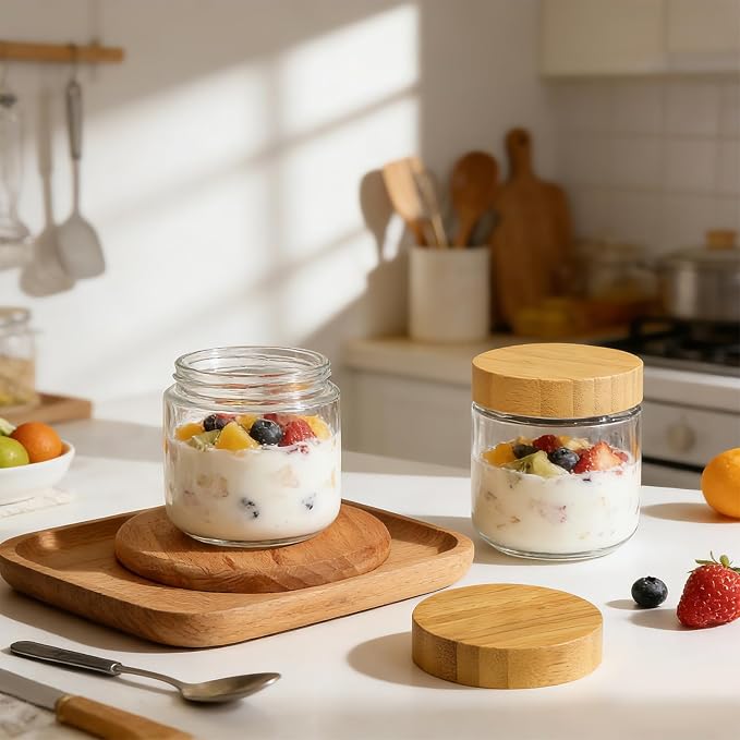 6 Pack 10oz Overnight Oats Containers with Bamboo Lids, Airtight Glass Jars for Meal Prep, Wide Mouth Mason Jars for Yogurt, Salad, Chia Pudding & Snacks, Food Storage Containers