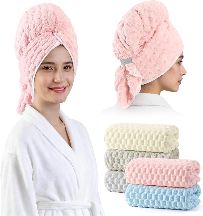 REDKISS 5 Pack Extra Large Hair Towels - Microfiber Hair Towel Wrap for Women, 23 x 47 inches Hair Towels with Elastic Strap, Super Soft Hair Drying Towels for Long, Thick, Curly Anti Frizz Turbans