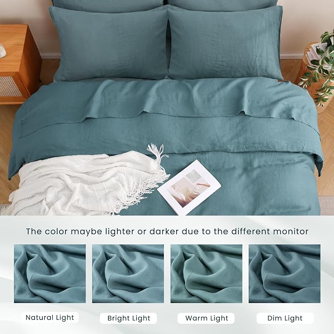 S VICTORY SYMBOL 100% Organic Linen Duvet Cover Set 3PCS King Size,Pure Natural French Flax Bedding,1 Comforter Cover and 2 Pillowcases,Farmhouse Bedding Set(Stormy Blue)