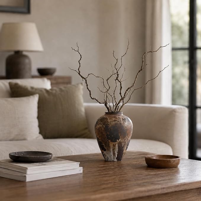 Wabi Sabi Vase 8.6in, Brown Ceramic Vase with Waterproof Coating, Rustic Ceramic Vase for Table Centerpiece, Entryway Shelf Decor, Rustic Farmhouse Pottery Vase