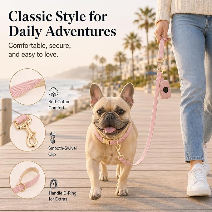 Herringbone Tweed Dog Collar and Leash Set for Small Dogs, Pink | Snag-free, no-rub design. Soft breathable cotton, gentle on fur. Adjustable durable matching combo for walks & outdoors.
