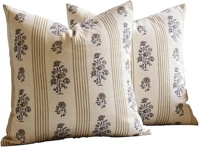 Amor Virisso Floral Throw Pillow Covers 18x18 Set of 2 Block Print Pillow Covers Neutral Floral Striped Farmhouse Decorative Pillow Covers for Sofa Couch Bed, Yellow