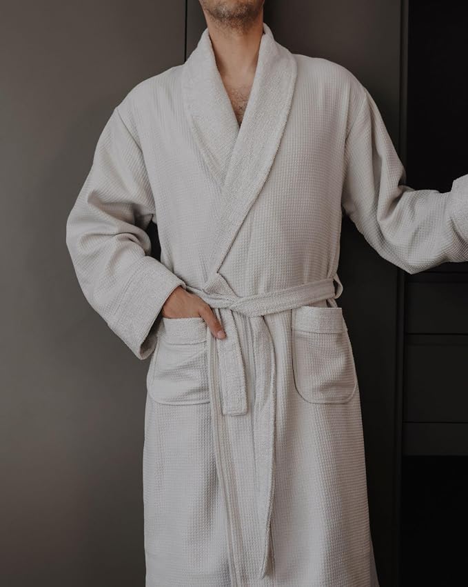 sea me at home Turkish Cotton Waffle Bathrobe, Luxury Spa Hotel Shawl Collar Robe for Women & Men, Plush Terry Inside