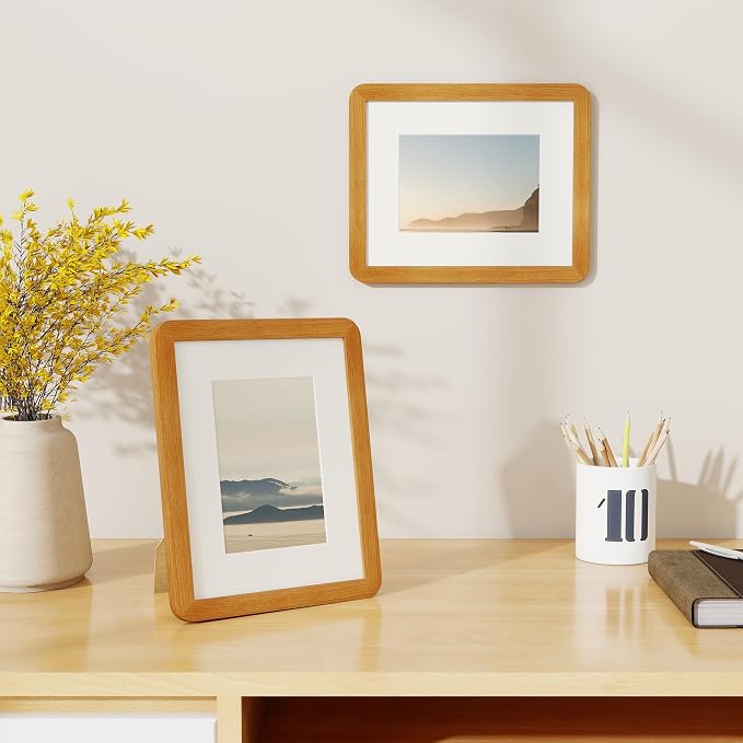 Fun Memories 8x10 Picture Frame - Solid Teak Wood Frame with Real Glass, 8x10 Photo Frame Matted to 5x7 for Wall & Tabletop Display, Natural Teak