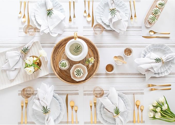 Solino Home Striped Linen Placemats Set of 4-100% Pure Linen Natural and White Place Mats 14 x 19 Inch for Summer - French Stripe