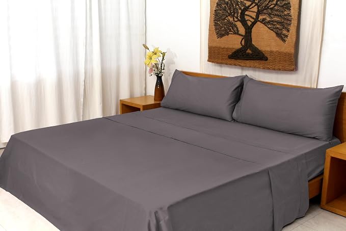 Organic Cotton Long Staple Silky Soft Single Pick Sateen Bed Sheet Set - Luxurious & Premium Hotel Quality - GOTS Certified - Solid Dyed (Dark Grey, Queen (U.S. Standard))