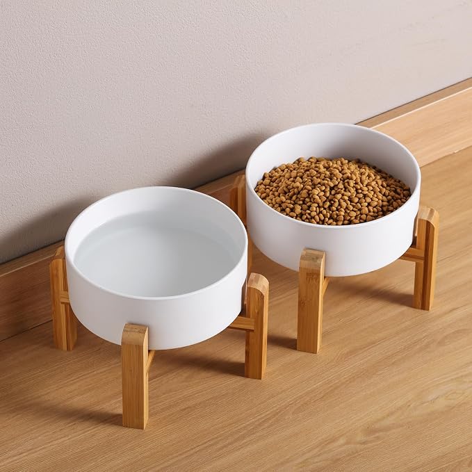 Elevated/Raised Ceramic Dog Bowl with Bamboo Stand (White, 3.6Cup)