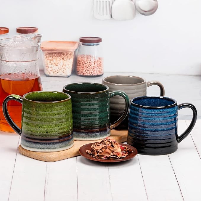 18 Oz Large Ceramic Coffee Mug, 500ml Big Handmade Pottery Tea Cup for Office and Home, Big Handle Easy to Hold, Microwave and Dishwasher Safe, Stylish Texture Glaze (Ink Green)