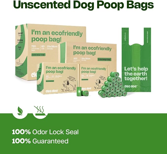 Deo Doo Dog Poop Bags with Handles, 240 Count Large Size, Extra Thick and Leak Proof Refill Rolls for Doggie Waste, Easy Tie and Cleanup, Unscented