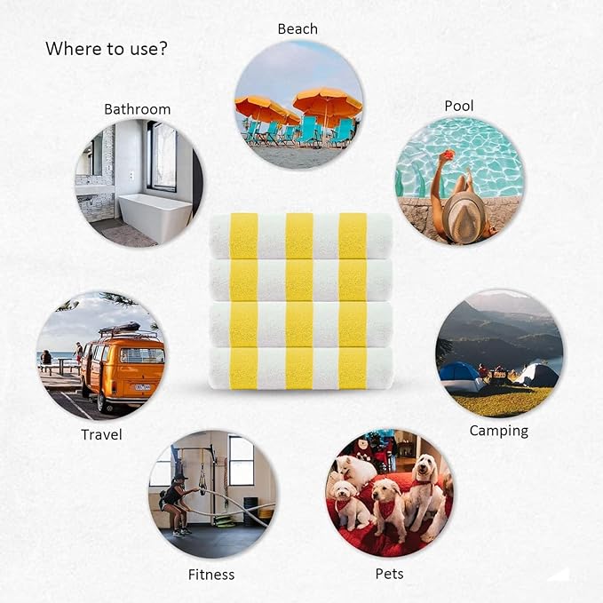CASA COPENHAGEN Cabana Beach Towel Designed in Denmark Rough and Tough, Quick Dry, Beach, Pool, Bath & Shower 30x60 inches 4 Pieces Cotton Beach Bath Towels Set - Lemon