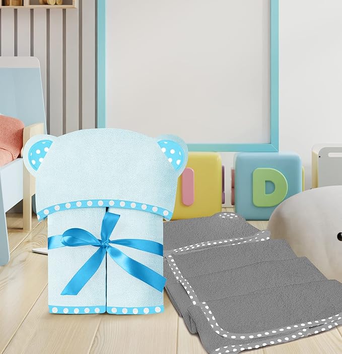 Set of 2 Hooded Baby Towels – Blue and Grey – Luxurious, Large and Super Absorbent – 35 x 35 Inch – Soft and Suitable for Infants, Toddlers and Kids – 400 GSM