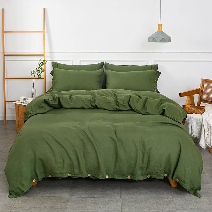 S VICTORY SYMBOL 100% Organic Linen Duvet Cover Set King Size 3pcs,Natural French Washed Flax Comforter Cover 106"x92"(1 Duvet Cover and 2 Pillowcases) Coconut Button Closure (Juniper Green)