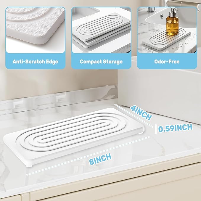 2 PCS Water Absorbing Stone Tray, Quick Drying Diatomite Sink Tray, Non-Slip Drying Mat for Bathroom Vanity & Kitchen Counter, Soap Dispenser Sponge Holder Organizer, White 8.3x4 Inch (White)