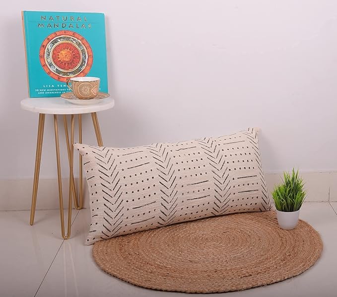 Trade Star Handloomed Throw Pillow Cover Decorative Cushion Case Mudcloth Cushion Cover for Home Decor Beautiful Modern Farmhouse Sofa Decor Pillow Case Indian (Ivory Snow 12X24 INCHES)