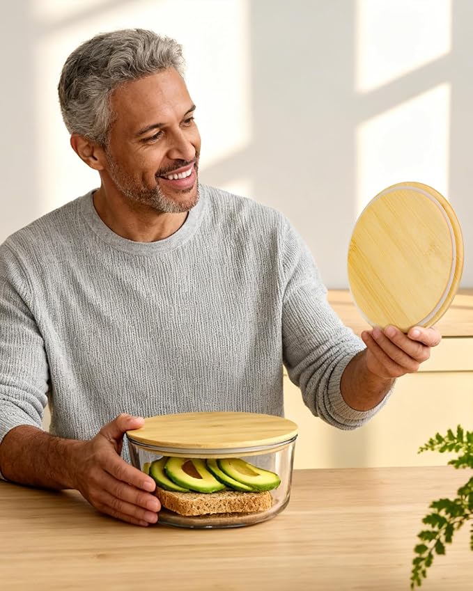 Replacement Wooden Lids for Pyrex, Anchor Hocking Glass Containers, 7200-PC*2 7201-PC*2 7402-PC*2, Bamboo Lids for Pyrex 2Cup 4Cup 7Cup Glass Bowls, Bowl Covers with Leakproof Silicone Pack