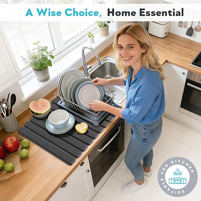 Stone Drying Mat for Kitchen Counter Countertop - Diatomaceous Earth Dish Drying Mat Foldable, Quick Dry Water Absorbent Stone Bath Mat for Bathroom, with Towel Non Slip Pad Sandpapers, 24"×16"