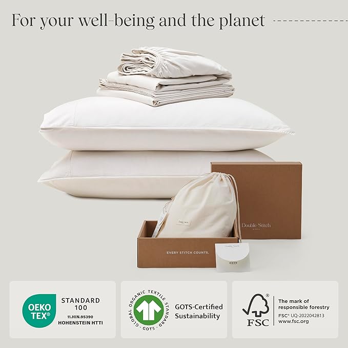 Double Stitch 100% Organic Cotton Sheets, Queen Sheet Set, GOTS Certified Long Staple Cotton Bedsheets, Luxury & Soft Hotel Bed Sheets with 16 inches Deep Pocket, Made in India Coconut Milk
