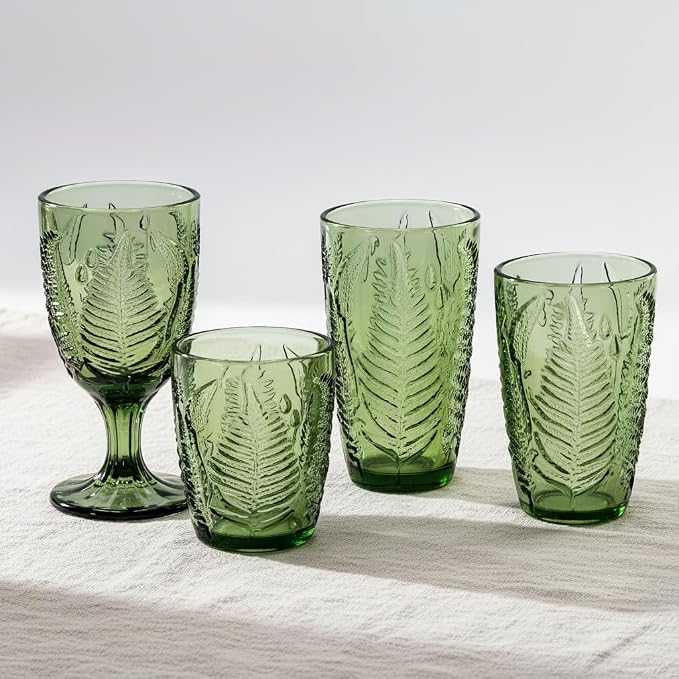 Green Drinking Glasses Set of 8, 12 oz Vintage Hand-Pressed Glass Cups, Fern Textured Highball Tumblers, Antique Style Boho Glassware for Water, Juice, Cocktails & Mocktails, Housewarming Gift Set