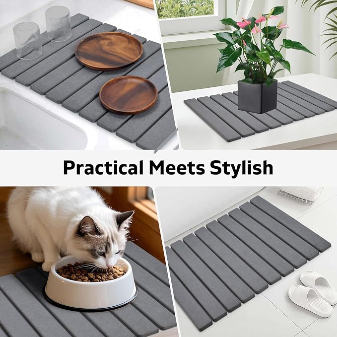 2 PCS Large Stone Dish Drying Mat for Kitchen Counter, 24"×16" Dish Drying Mat with 8"x 4" Coasters, Non - Slip Collapsible Absorbent Mat for Multi - Purpose, Match Any Countertop【Gray】