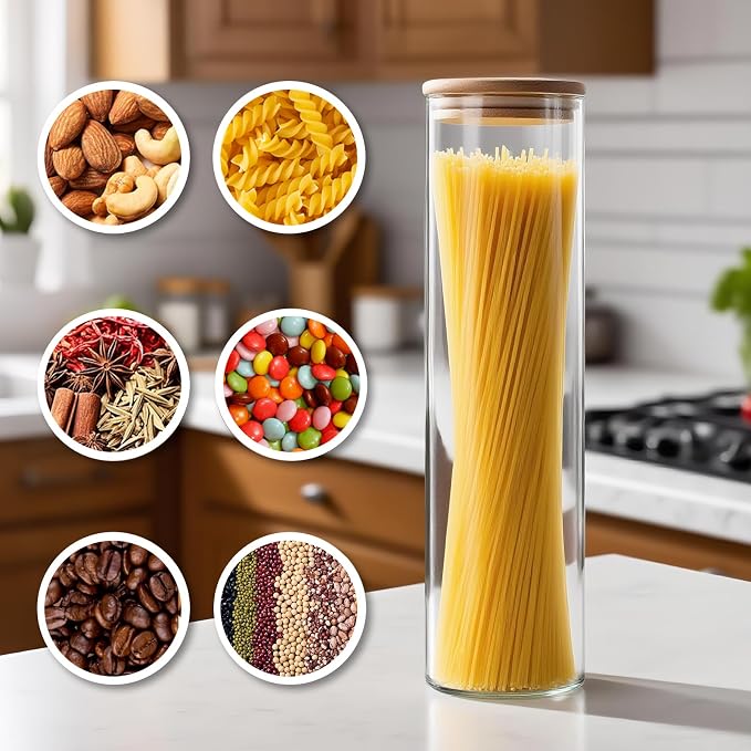 1100ml/37.2Oz Set of 8 Glass Jars - Airtight Food Storage Containers with Bamboo Lids - Spaghetti Storage Jar - Clear Kitchen Canisters for Tea,Sugar,Cereal,Flour,Sweet,Pasta